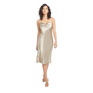 BEBE bias slip dress cowl neck spaghetti strap‎ satin taupe midi M